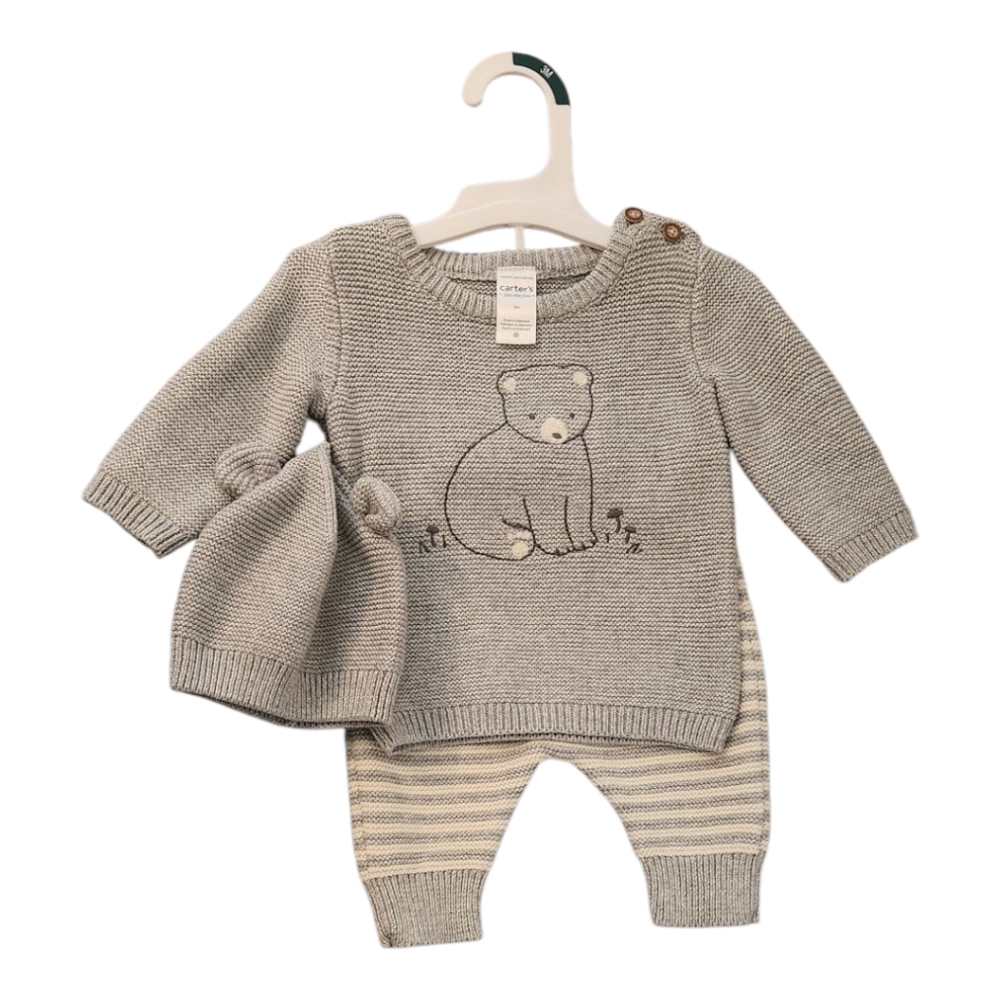 NWT Carters 3 Piece Sweater Set With Bear Design Grey & Off White Stripes 3M